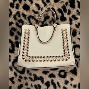 Women's Cream Tote Bag with Snake Skin and Gold Eyelet Detail